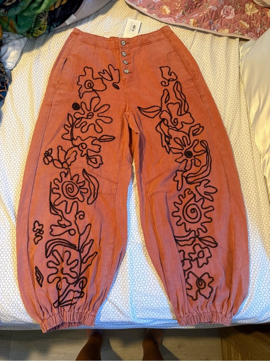 POL Pants - POL Rust Orange Jogger Pants with Black Floral Embroidery